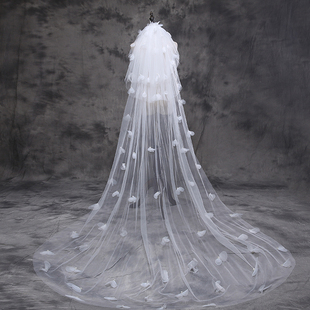 韩式 新娘主婚纱头纱头饰超仙森系结婚3米长拖尾花瓣珍珠拍照道具