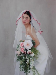 多层森系新娘头纱头饰婚纱旅拍造型头纱新娘手套中长款 影楼道具 式