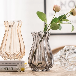 欧式 玻璃花瓶透明 饰摆件彩色插花花器工艺品 竖棱钻石造型 客厅装