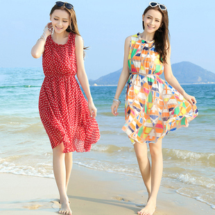 波西米亚背心裙红色波点无袖 飘逸海边度假沙滩裙 雪纺连衣裙夏短款