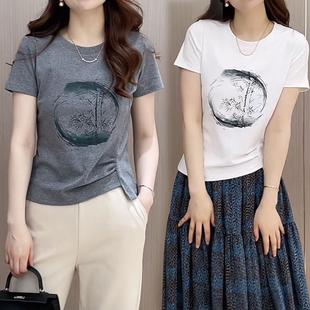 夏季 印花百搭女装 2024新款 小众不规则短袖 t恤女韩版 上衣 休闲时尚