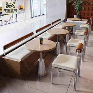 网红奶茶店不锈钢桌椅组合定制小吃蛋糕店咖啡厅实木靠墙卡座沙发