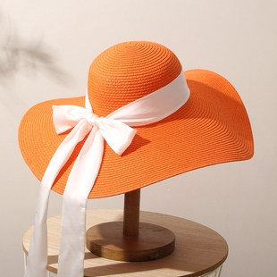 橘色可折叠大沿草帽夏季 女度假沙滩飘带遮阳防晒防紫外线太阳帽子