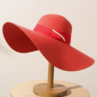 红色草帽海边沙滩帽子女夏气质百搭时尚 太阳帽防晒防紫外线遮阳帽