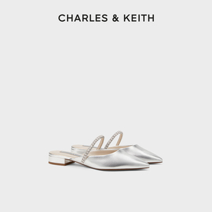 CHARLES&KEITH夏女鞋 CK1 女外穿 70360152亮钻一字带尖头穆勒拖鞋