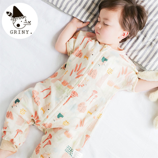 Griny婴儿纱布睡袋春夏季 薄款 分腿儿童空调房防踢被 宝宝竹棉短袖