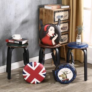 家用凳子美式 创意简约加厚板凳轻奢北欧小圆凳 复古铁艺时尚