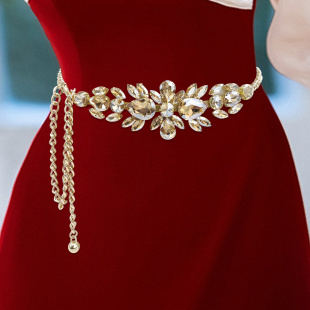 新款 连衣裙晚礼服配饰女 女士水钻镶嵌链条腰带高级感金色腰链时尚