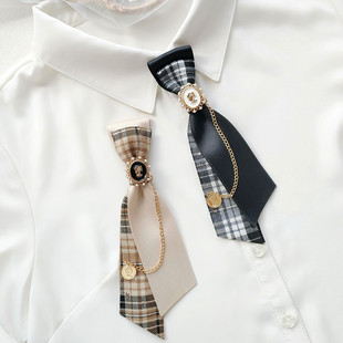 韩版 格子英伦风链条小领带女设计感jk免打衬衫 饰别针小领结头花 装