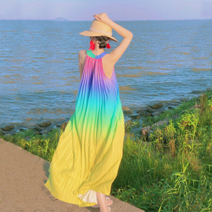 海边度假连衣裙长裙旅游黄色大码 粉色女渡假 沙滩吊带适合海滩夏季