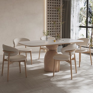奶油风岩板餐桌椅组合长方形哑光纯白家用简约北欧白蜡木实木餐台