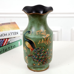 美式 乡村孔雀复古花瓶创意陶艺花插陶瓷欧式 饰花器摆件 花瓶客厅装