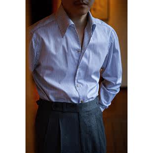 UGENTLE男装 绿标系列「琉璃蓝条纹」意式 复古一片领绅士长袖 衬衫