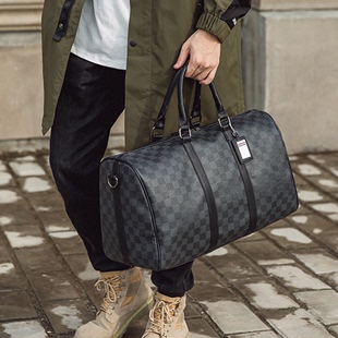 韩版 男女士大容量短途旅游出差行李袋潮流黑格子手提包单肩包 新款