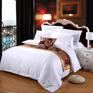 宾馆酒店三四件套纯棉白色床上用品全棉床单加密加厚60支贡缎套件