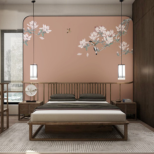 现代新中式 壁布玉兰花鸟电视背景墙壁纸卧室客厅轻奢墙布壁画