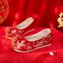 女中式 红色秀禾婚鞋 子绣花鞋 新娘鞋 古风内增高 原创珍珠流苏汉服鞋