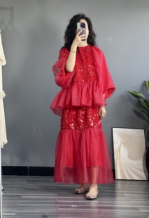 琳烺原创红标系列2024春夏新品 绚丽红色亮片订珠圆领两件套套裙