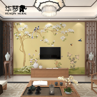 新中式 玉兰花鸟电视背景墙壁纸 客厅影视墙墙布 卧室茶室书房墙纸