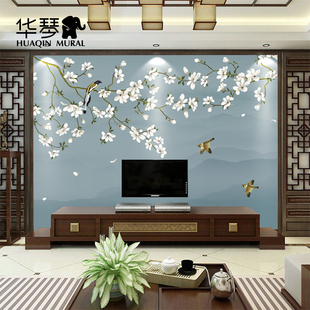 新中式 花鸟玉兰壁画定制客厅沙发电视背景墙壁纸墙纸无缝墙布定制