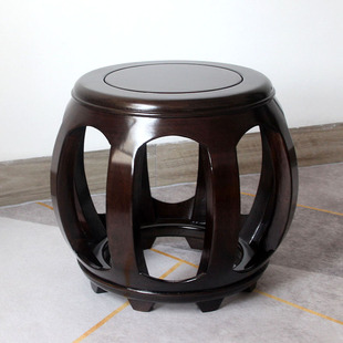 新中式 鼓凳实木矮凳家用黑色圆凳客厅黑胡桃色鼓墩沙发凳子单人