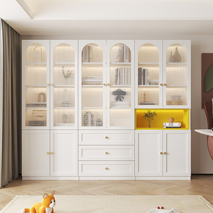 法式 奶油风实木书柜带玻璃门自由组合书架置物柜子一体靠墙可定制