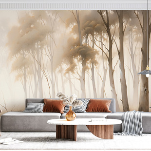 卧室港式 暖色壁纸抽象客厅电视背景墙壁布北欧风森林墙纸壁画墙布