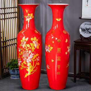 景德镇陶瓷中国红色大花瓶摆件新中式 饰品特大 客厅落地插花家居装
