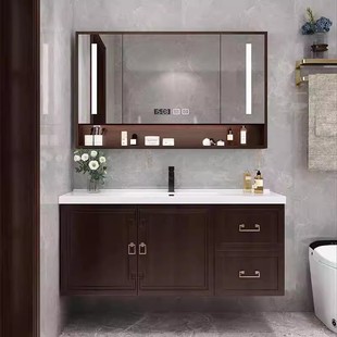 橡木简约现代智能浴室柜镜柜组合烤漆实木新中式 卫生间洗漱台陶瓷