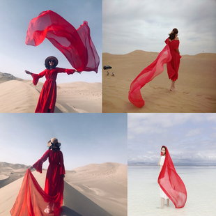 青海湖茶卡盐湖沙漠夏季 大红色旅游棉麻围巾女防晒披肩民族风丝巾
