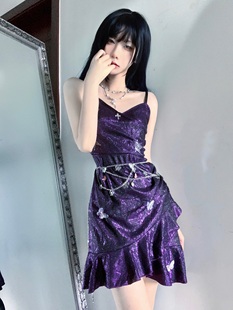 蝴蝶星空 紫色昭和公主复古少女连衣裙手作超精致小礼服吊带裙子