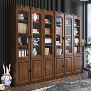 实木橡木书柜带玻璃门三门简约中式 书架储物现代书橱办公室文件柜