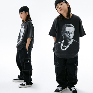 ROCKYROAD童装 儿童街舞潮服宽松hiphop嘻哈印花演出服短袖 T恤套装