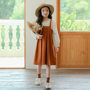 韩版 正品 新款 女童秋款 长裙中大童假二件背带连衣裙长袖 亲子装