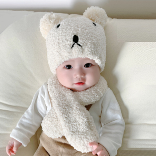 日本婴儿帽子冬季 保暖毛线针织围巾两件套宝宝男女护耳防风毛球潮