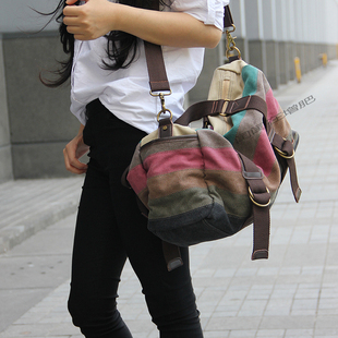 新款 休闲文艺单肩斜挎包运动健身旅行包 帆布女包彩条纹大包袋韩版