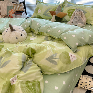郁金香小兔绿色四件套公主风清新1.5m被套床单宿舍三件套床上用品