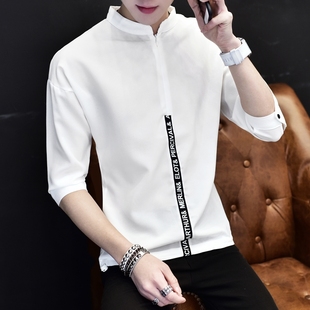 衬衫 春秋bf个性 男士 短袖 男夏季 韩版 衣服 白色五分潮流t恤7分七分袖