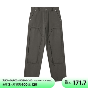 SANBAI 叁佰灰绿色破坏毛边帆布裤 潮 子男设计感复古做旧工装 长裤