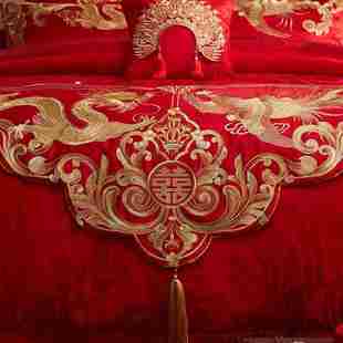 婚庆大红色床旗床尾巾婚礼台布刺绣长旗结婚床上用品龙凤百搭配件