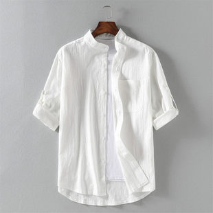 男短袖 改良汉服中国风男装 亚麻白色衬衫 夏季 中式 立领衬衣 棉麻唐装