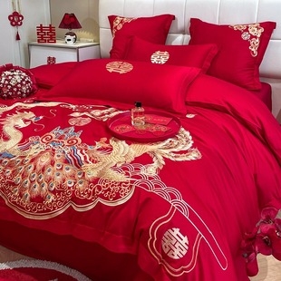 中式 龙凤刺绣婚庆四件套大红色床单被套纯棉全棉高档结婚床上用品