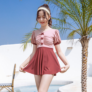 新款 少女泳衣学生保守时尚 游泳衣 裙式 分体防晒纯色中大童女童韩版