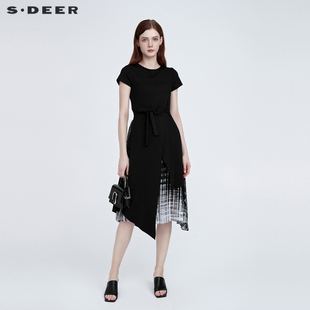 sdeer圣迪奥时尚 收腰小众设计雪纺拼接撞色OL连衣裙女夏S21281215