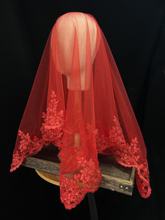 新娘结婚红色头纱复古盖头正方形蕾丝花边秀禾服头饰网纱蒙面盖头