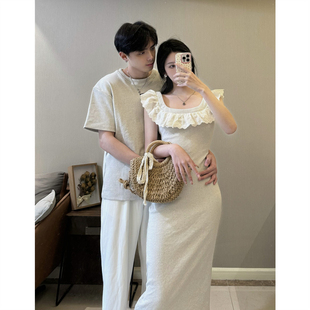 夏季 小众设计感情侣装 T恤女连衣裙法式 2024韩版 一裙一衣ins潮 短袖
