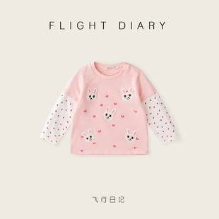 MIKI可爱宝宝长袖 T恤纯棉春秋粉色假两件上衣女童体恤中小童卡通