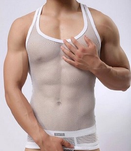 定制夏季 男士 内衣 镂空紧身白色网眼透明性感背心弹性纯色上衣修身
