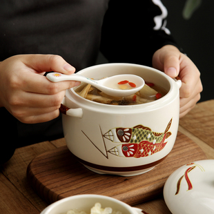 日式 手绘陶瓷炖盅带盖隔水炖内胆燕窝蒸蛋碗小汤盅煲汤家用炖罐锅