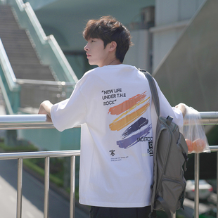 T恤韩版 B2024夏季 短袖 港味时尚 男士 圆领半袖 五分袖 落肩印花体恤衫